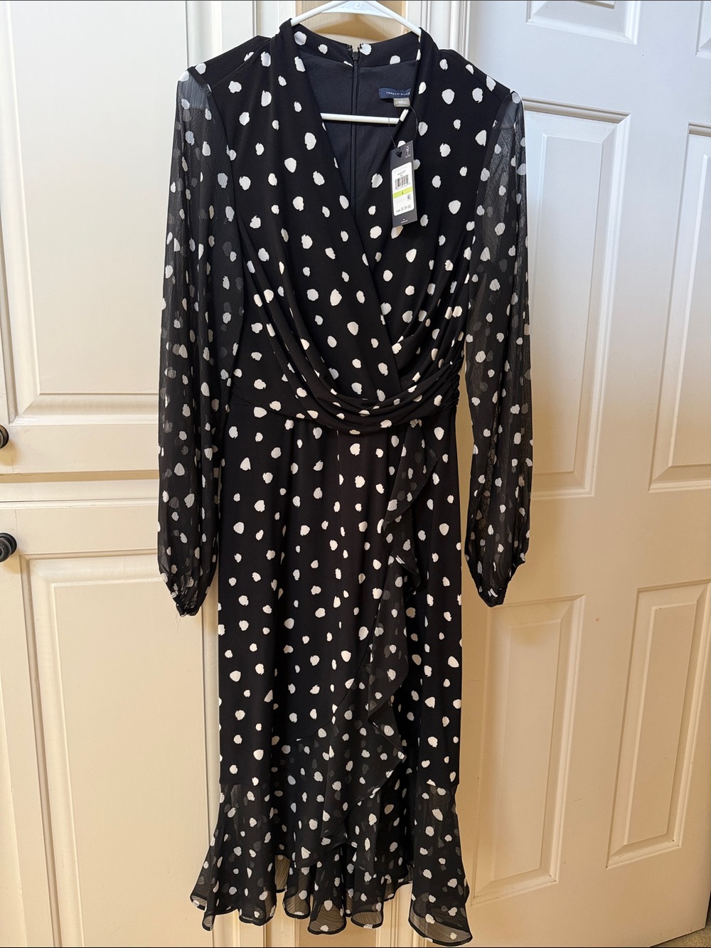 Tommy Hilfiger Black and White Polka Dot Long Sleeve Faux Wrap Dress